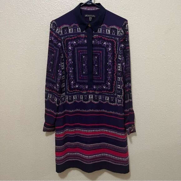 Adrianna Papell Purple & Pink Bold Pattern Long Sleeve Dress with Pockets Sz 8 - Picture 1 of 5